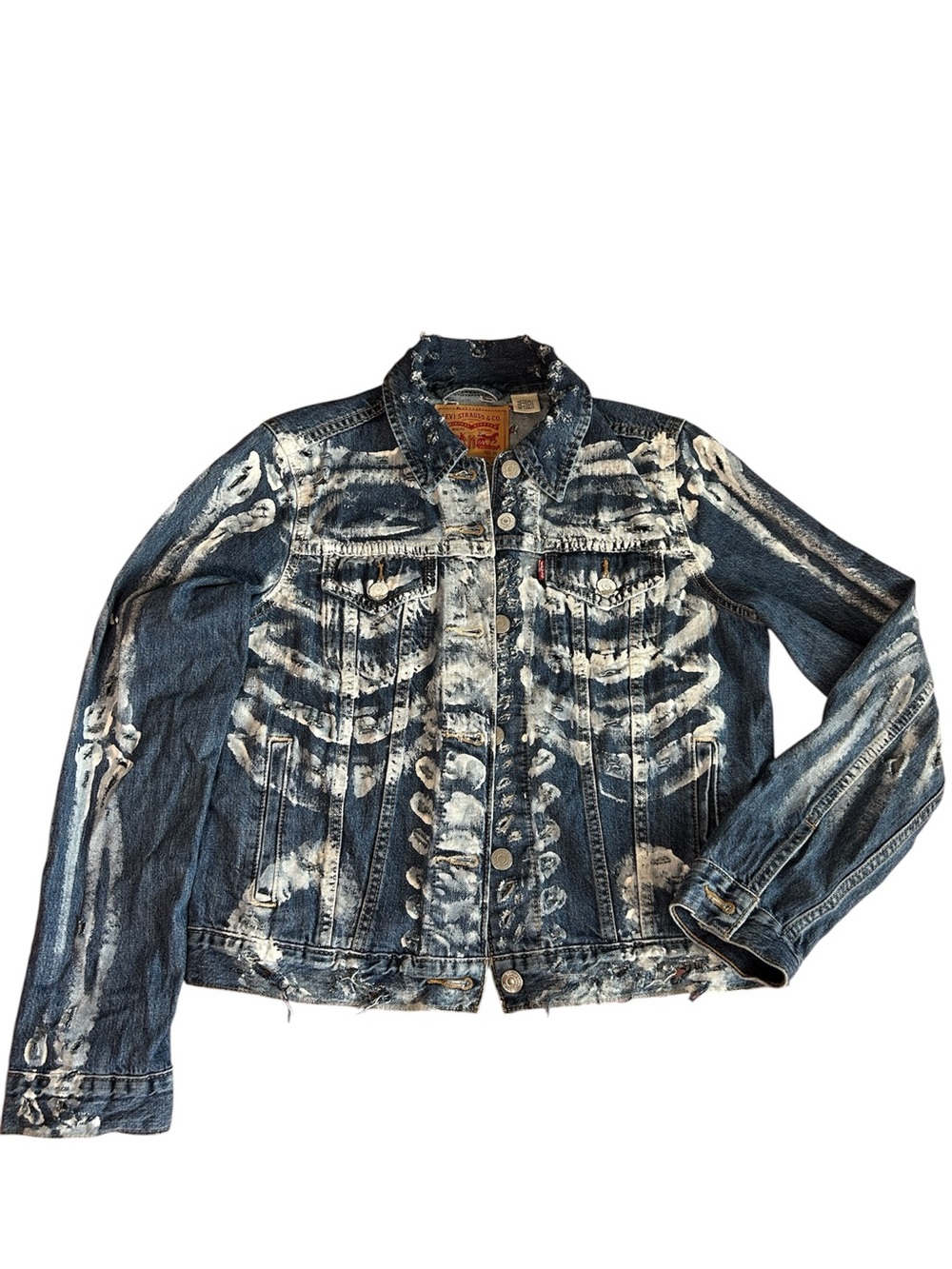 Levi's Blue Denim Jacket with White Painted Skeleton Bones Cut Distress size M